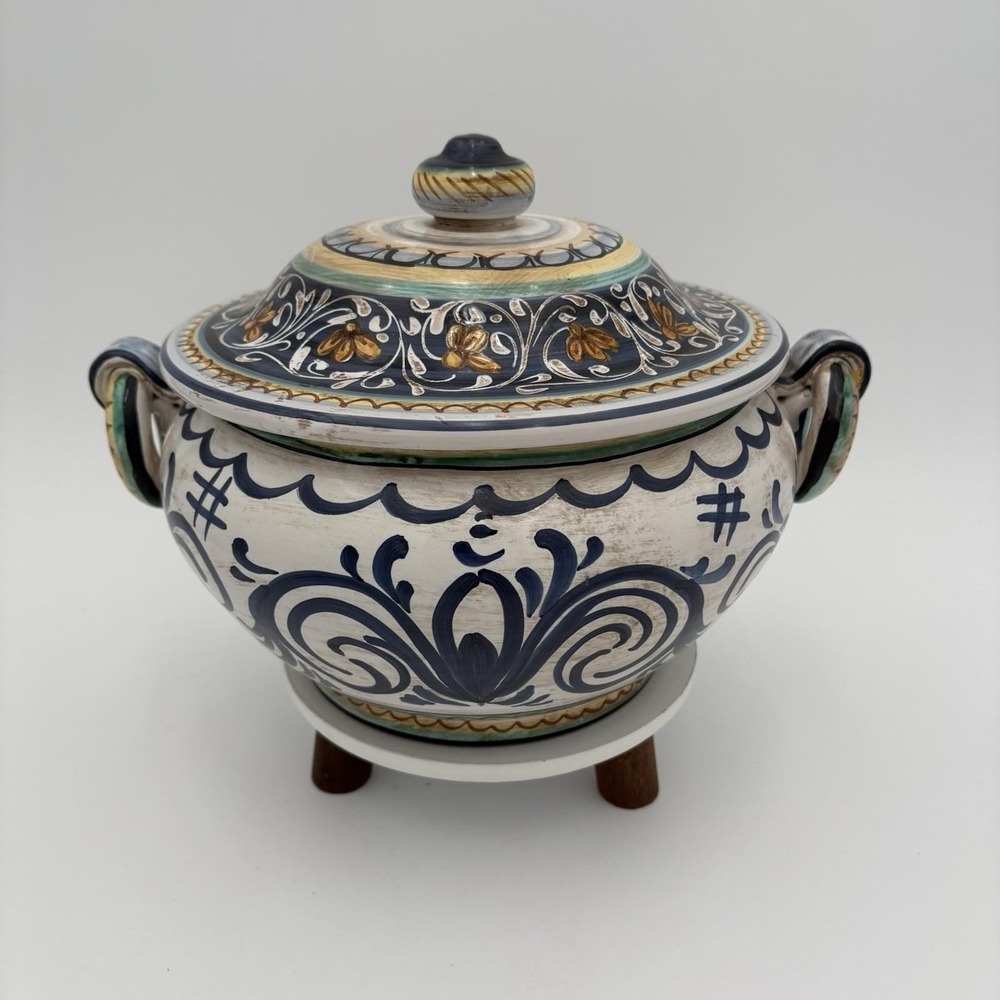 Deruta Two Handle Tureen w Lid Cookie Jar Soup Made In Italy Signed